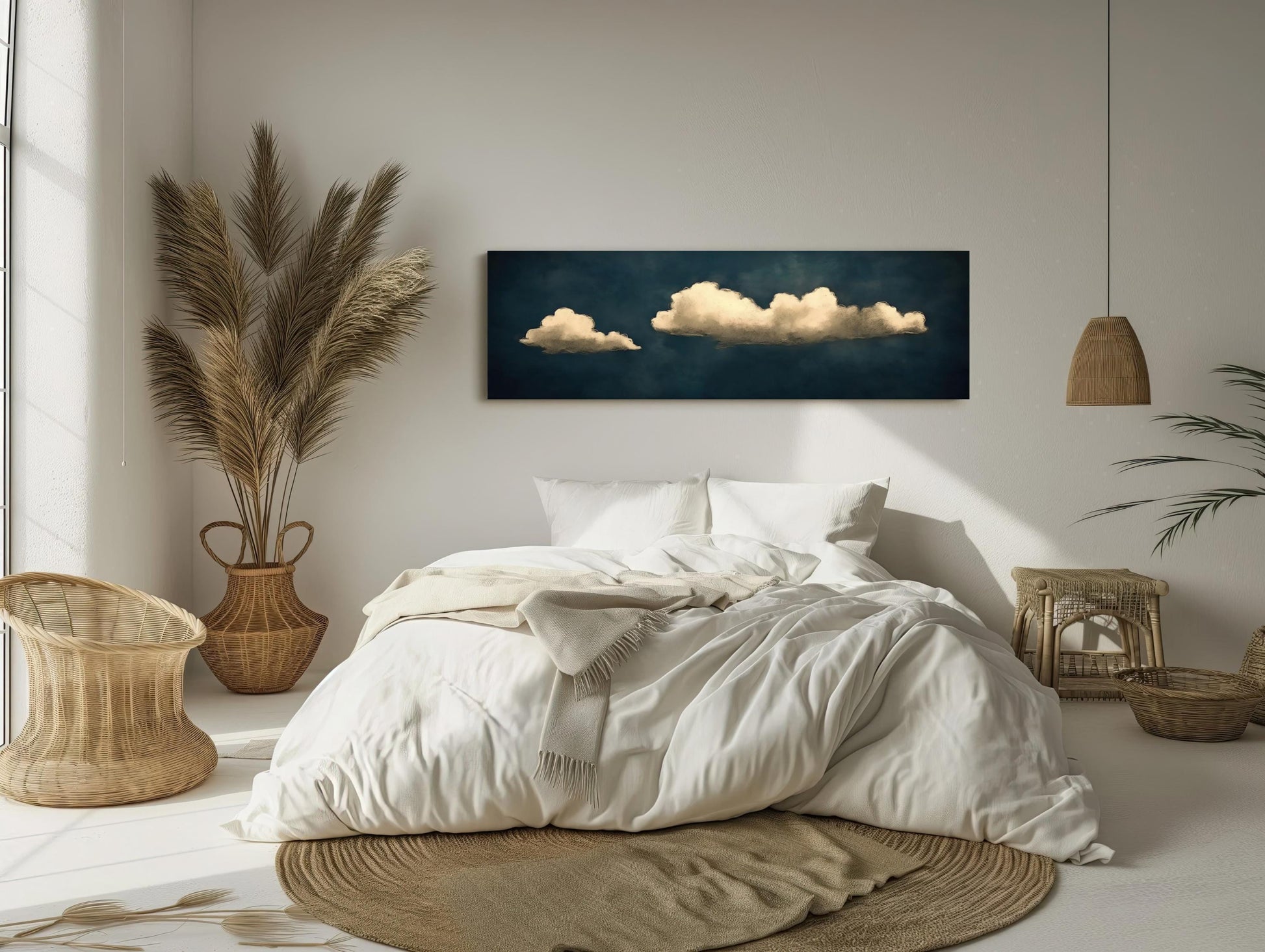 a bedroom with a large bed and a painting on the wall