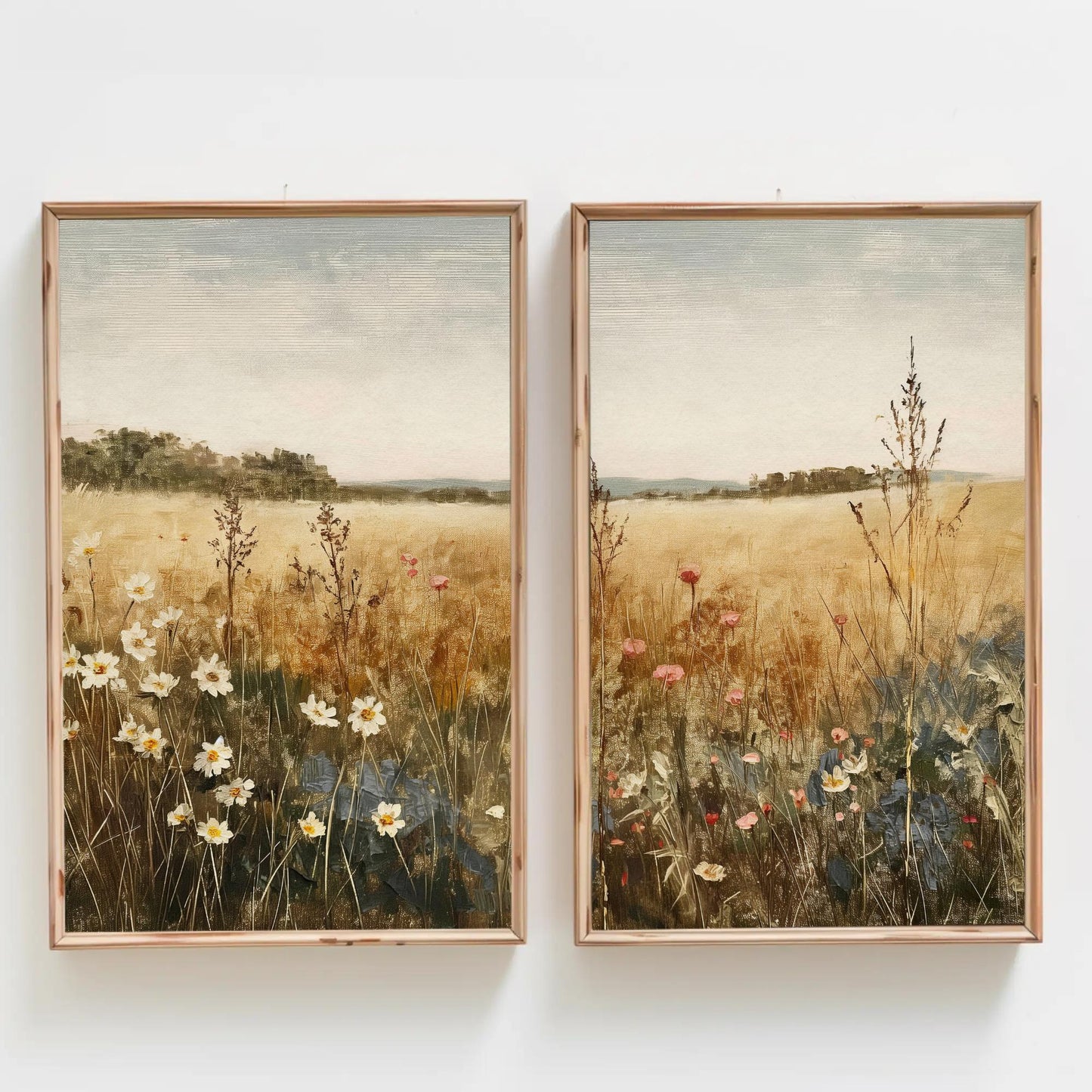 Vintage Wildflower Canvas, Set of 2 Framed Botanical Art Prints with Wooden Frame