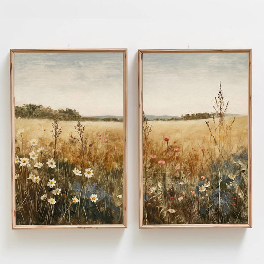 two paintings of flowers in a field of grass