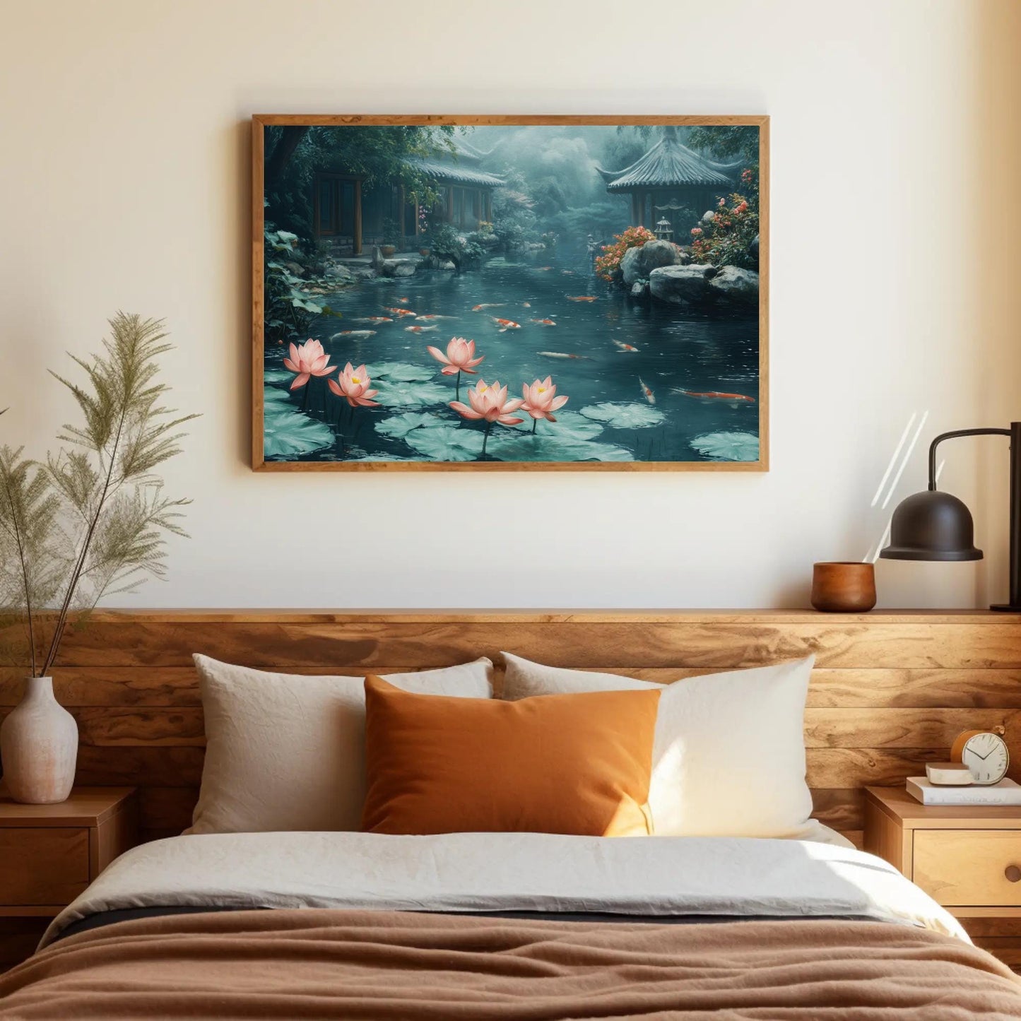 Koi Fish Pond canvas wall art shown above a bed