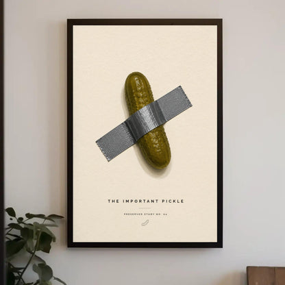 The Important Pickle canvas wall art, green pickle duct-taped to an ivory wall with gallery lettering