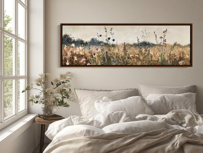 Vintage Wildflower Oilfield , Panoramic Rustic canvas wall art shown above a bed