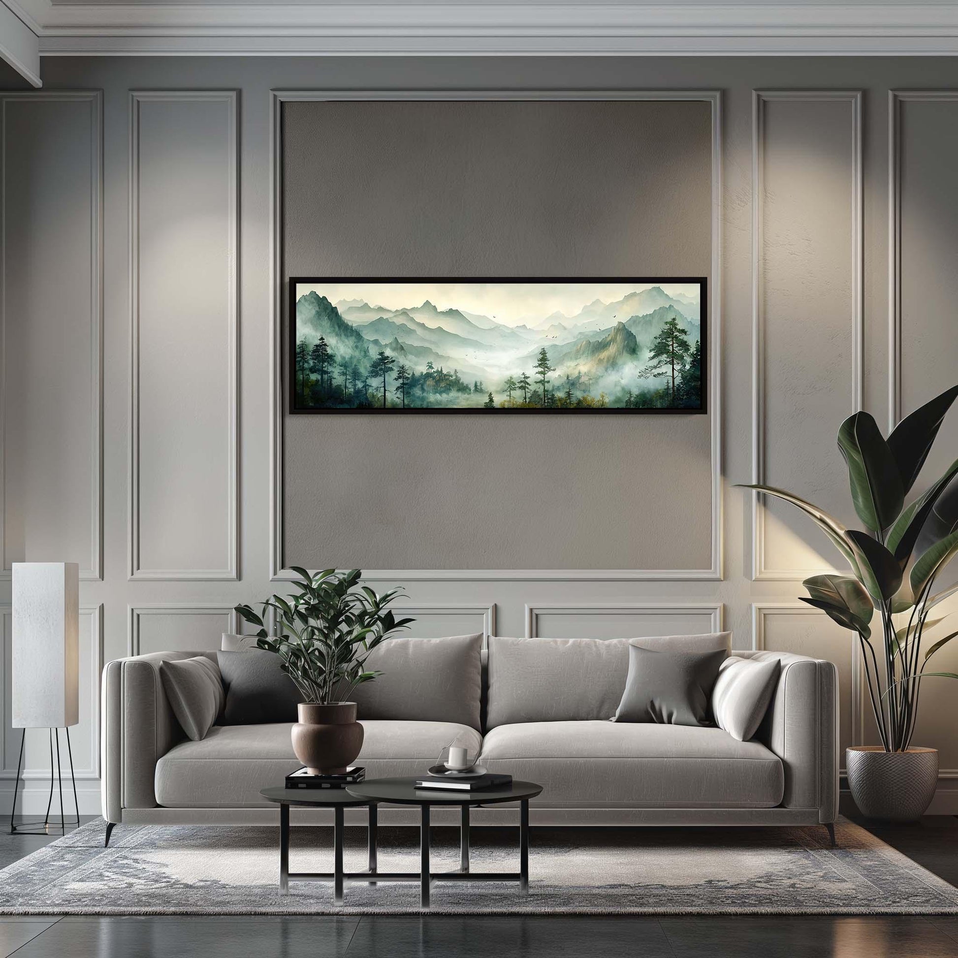 Watercolor Mountain , Green Forest Bedroom canvas wall art shown in a living room