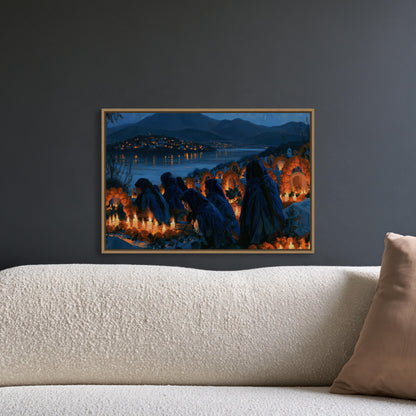 Day of the Dead candlelit vigil canvas wall art, image is a framed painting hanging on a wall, depicting a serene nighttime