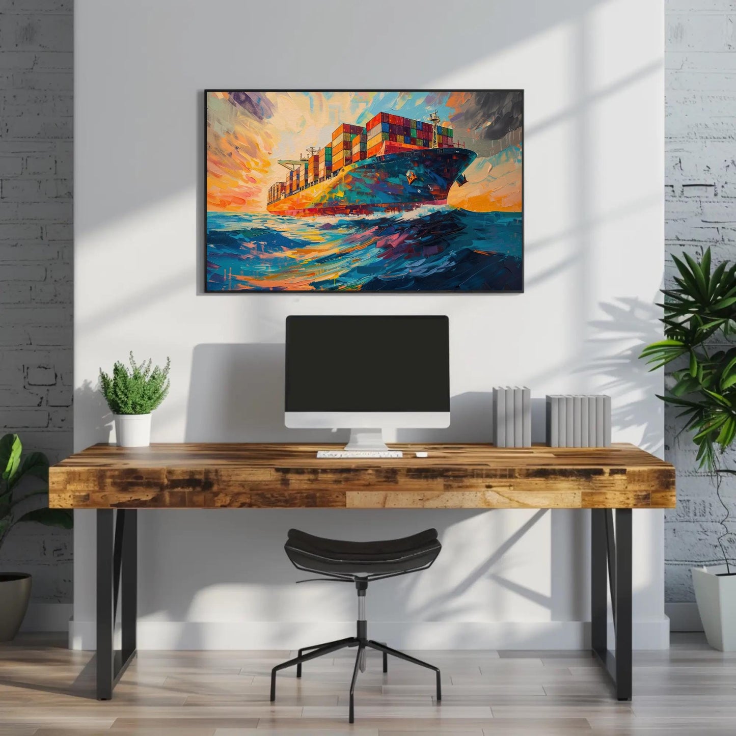 Container Ship canvas wall art shown above a desk