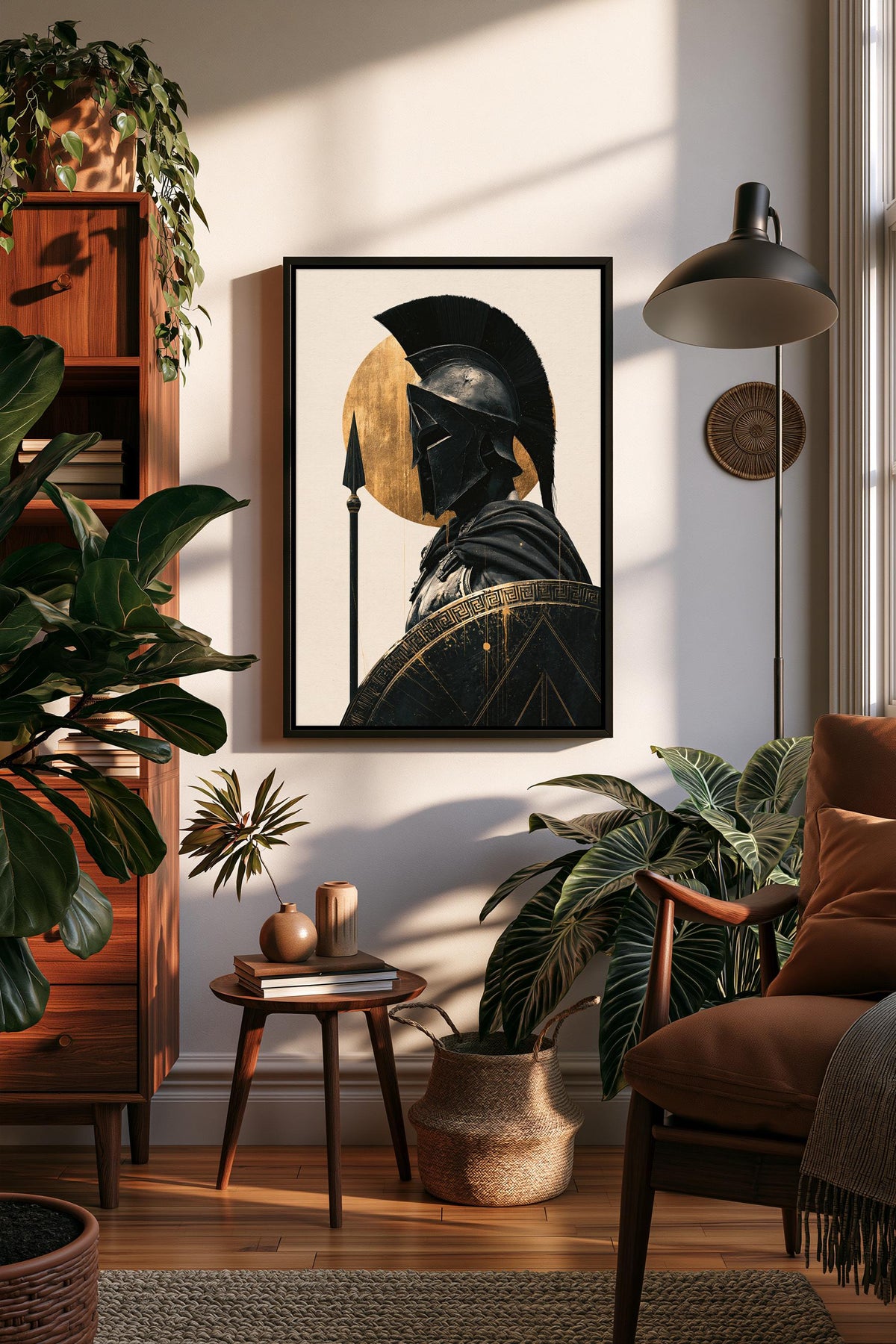 Spartan warrior in gold canvas wall art, cozy living room with a large framed artwork of a person wearing a helmet hanging