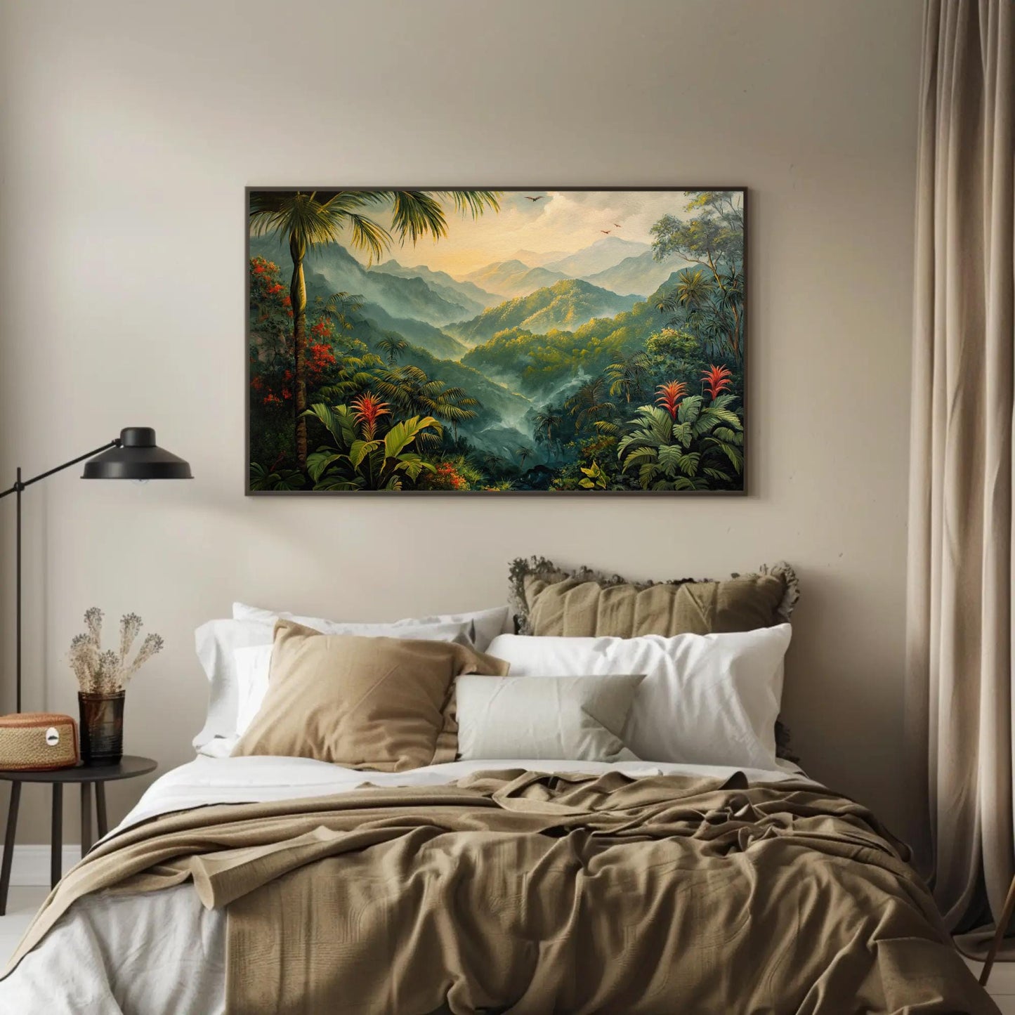 Rainforest , Misty Tropical Jungle canvas wall art shown in a bedroom (view 2)