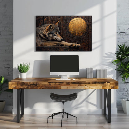 Wolf And Gold Moon Mystical Wildlife Art canvas wall art shown above a desk