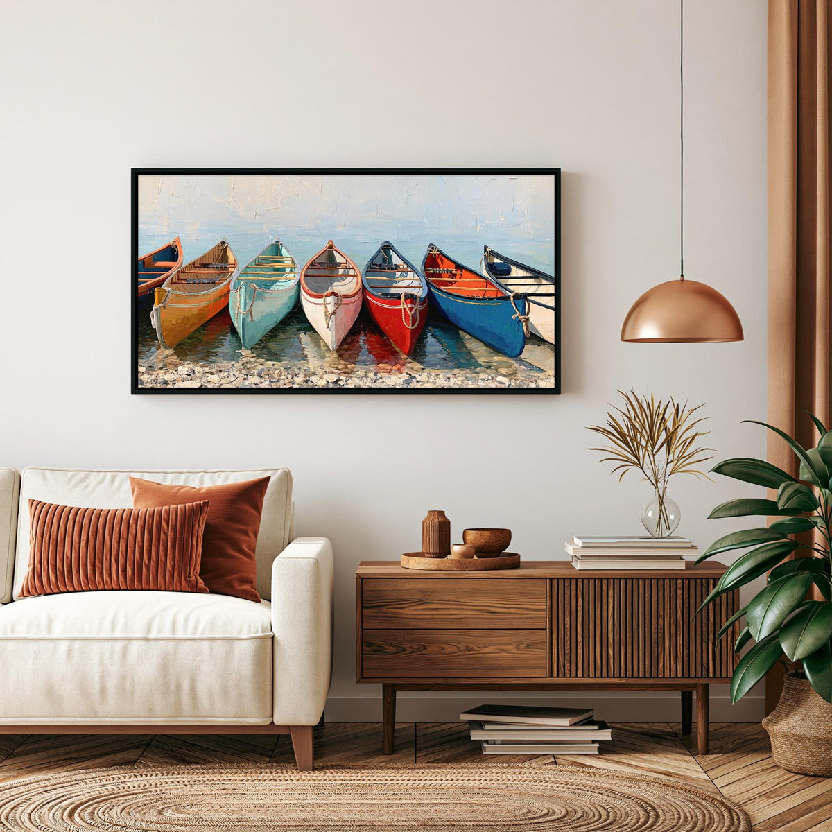 a cozy living room with a white sofa, a wooden side table, and a framed painting of colorful boats on the wall.