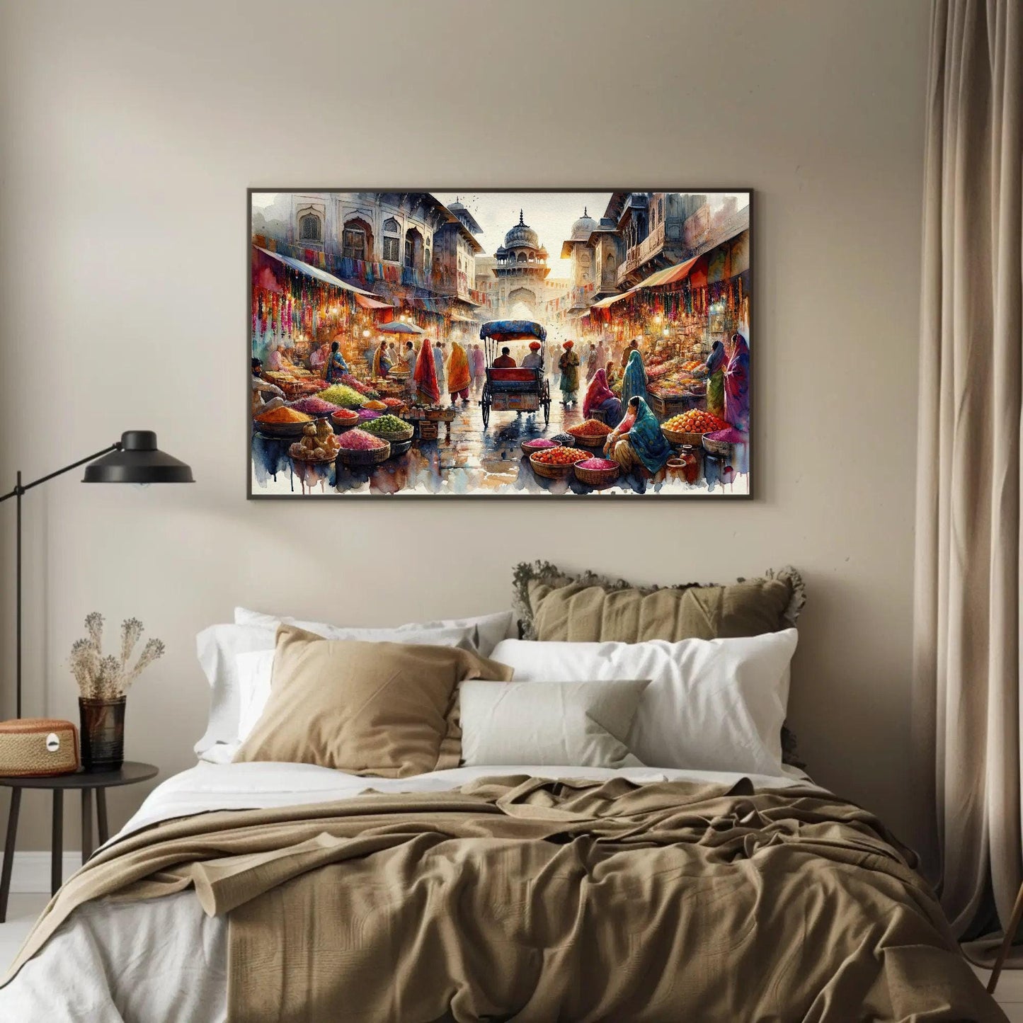 Indian Bazaar , Vibrant Spice Market canvas wall art shown in a bedroom (view 2)