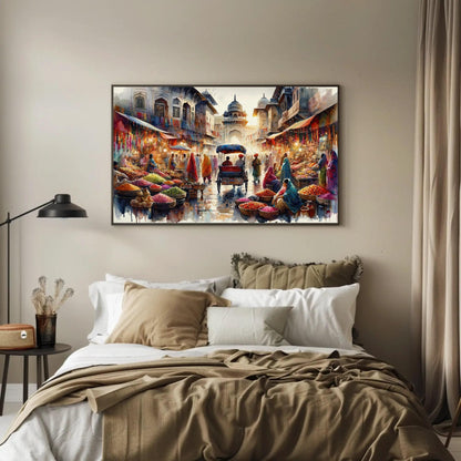 Indian Bazaar , Vibrant Spice Market canvas wall art shown in a bedroom (view 2)