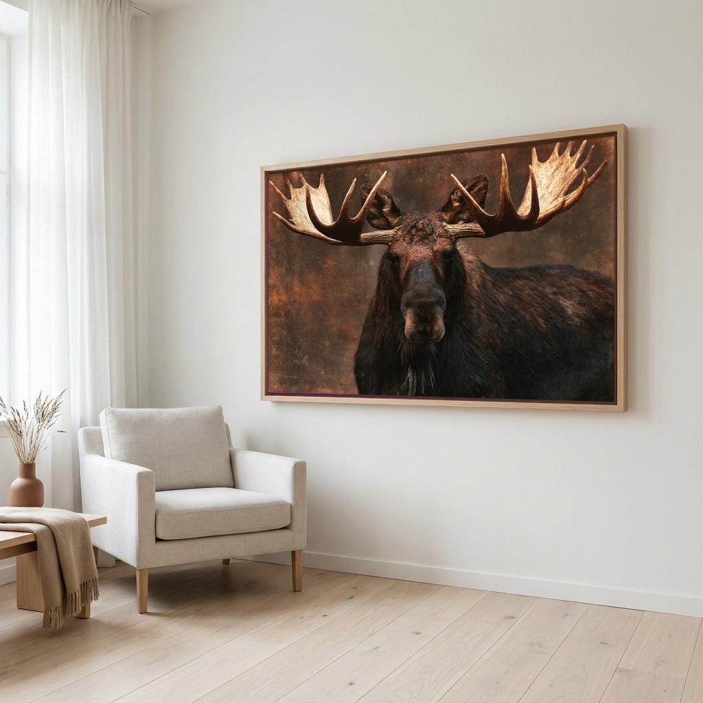 a large framed picture of a moose with large antlers hanging on a white wall in a living room.