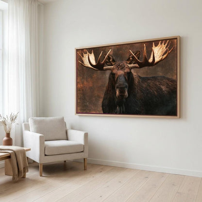 a large framed picture of a moose with large antlers hanging on a white wall in a living room.