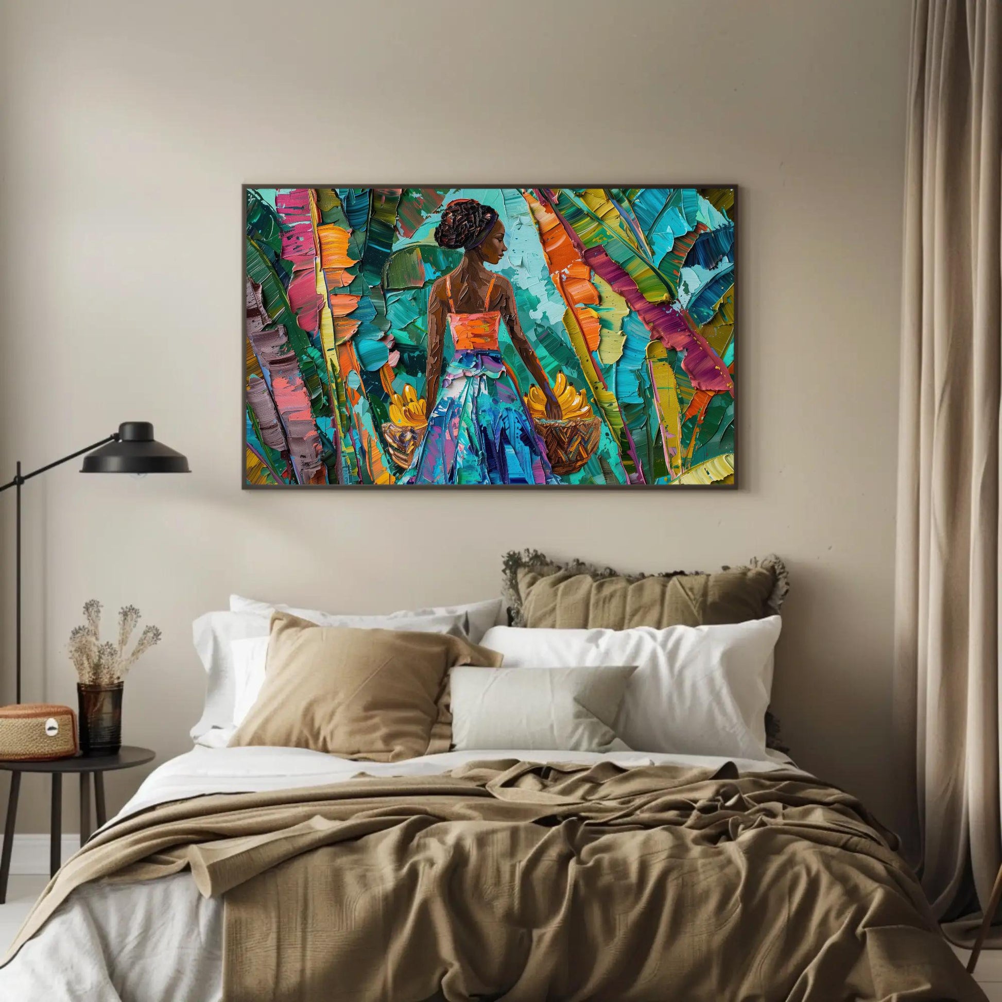 Caribbean Woman canvas wall art shown in a bedroom