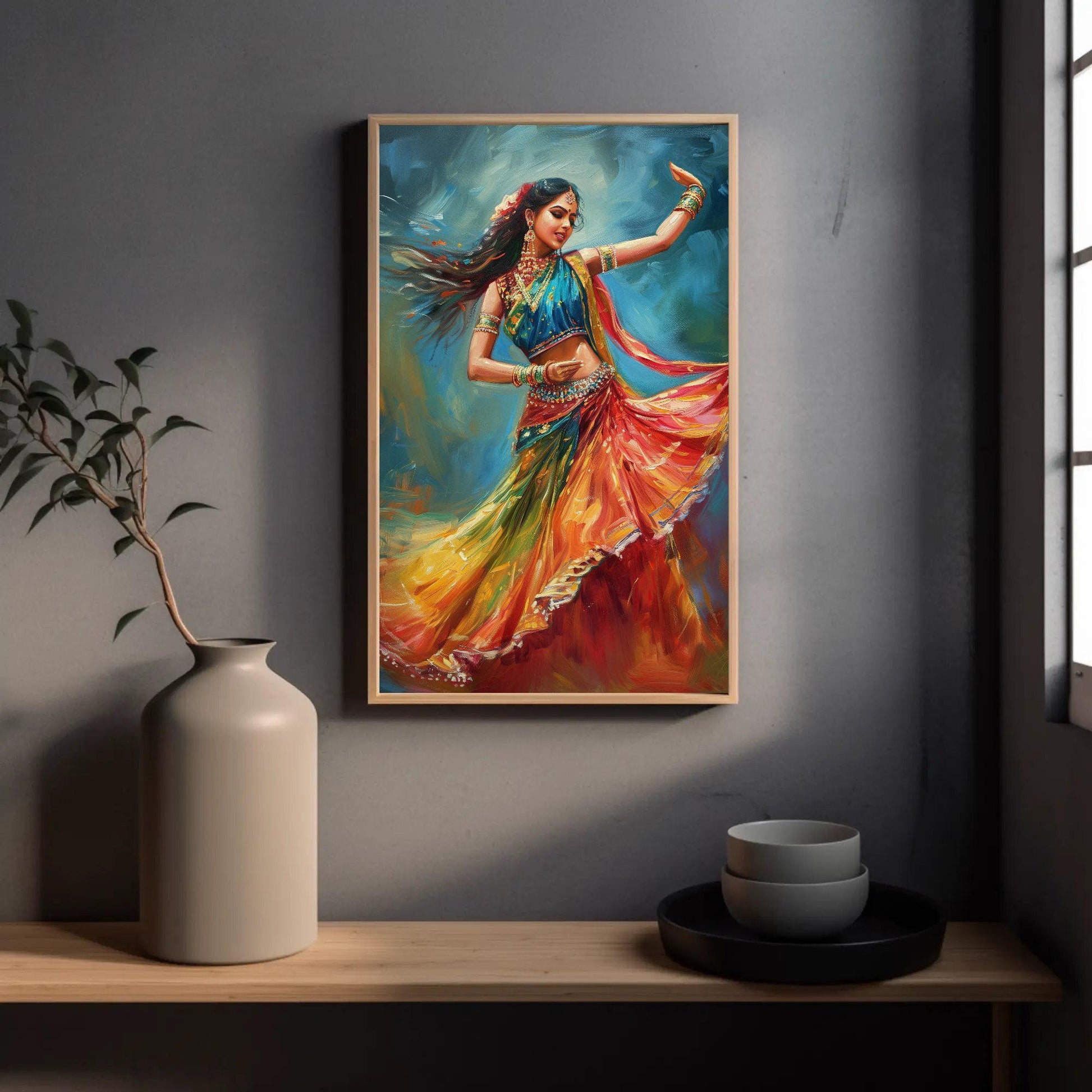 Indian Folk Dance Art canvas wall art shown in a styled room (view 4)