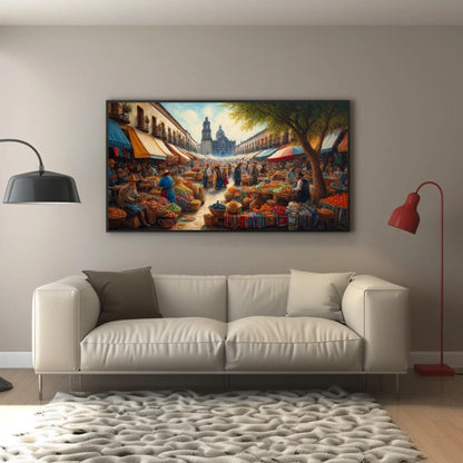 Mexican Market Oil Painting, Framed Canvas Print With Wooden Frame, Vibrant Market Scene