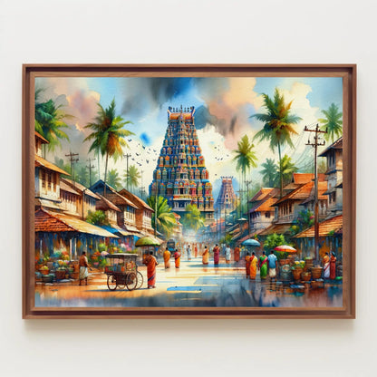 South India Temple , Authentic Landscape canvas wall art shown in a styled room