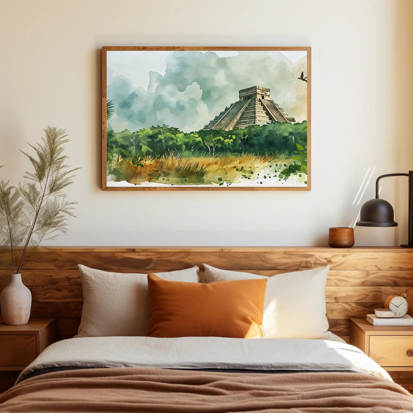 Chichen Itza canvas wall art shown in a bedroom