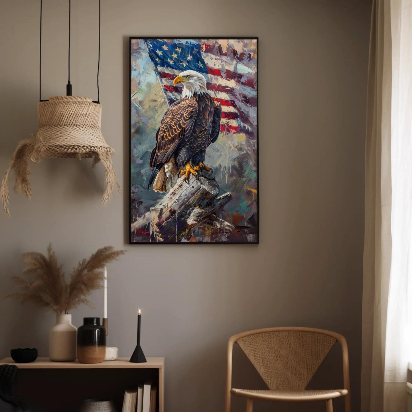 Bald Eagle canvas wall art shown in a styled room