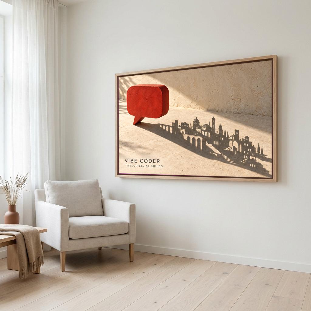 a large framed artwork depicting a cityscape with a red speech bubble in the center, hanging on a white wall in a living room setting.