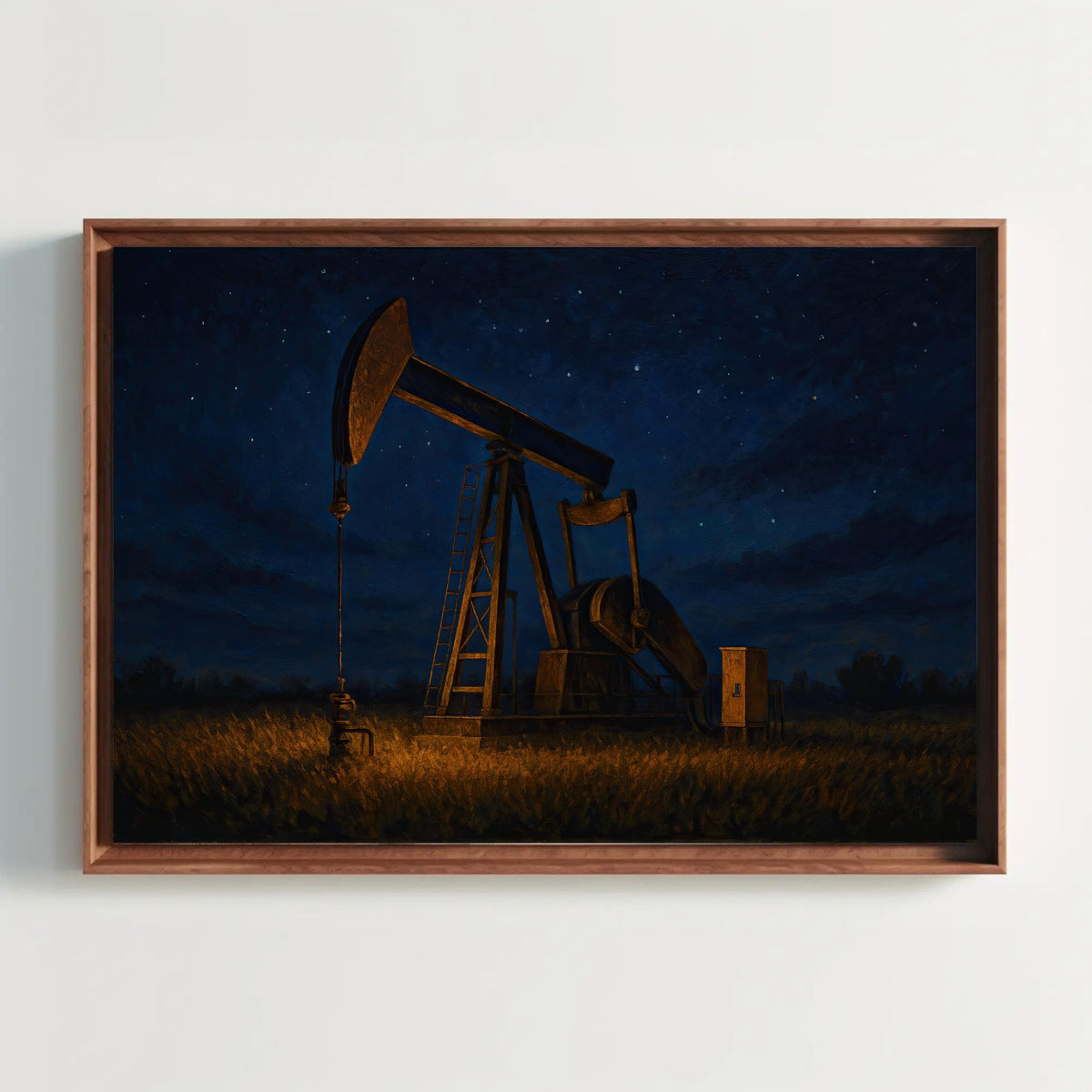 a painting of an oil pump in a field at night