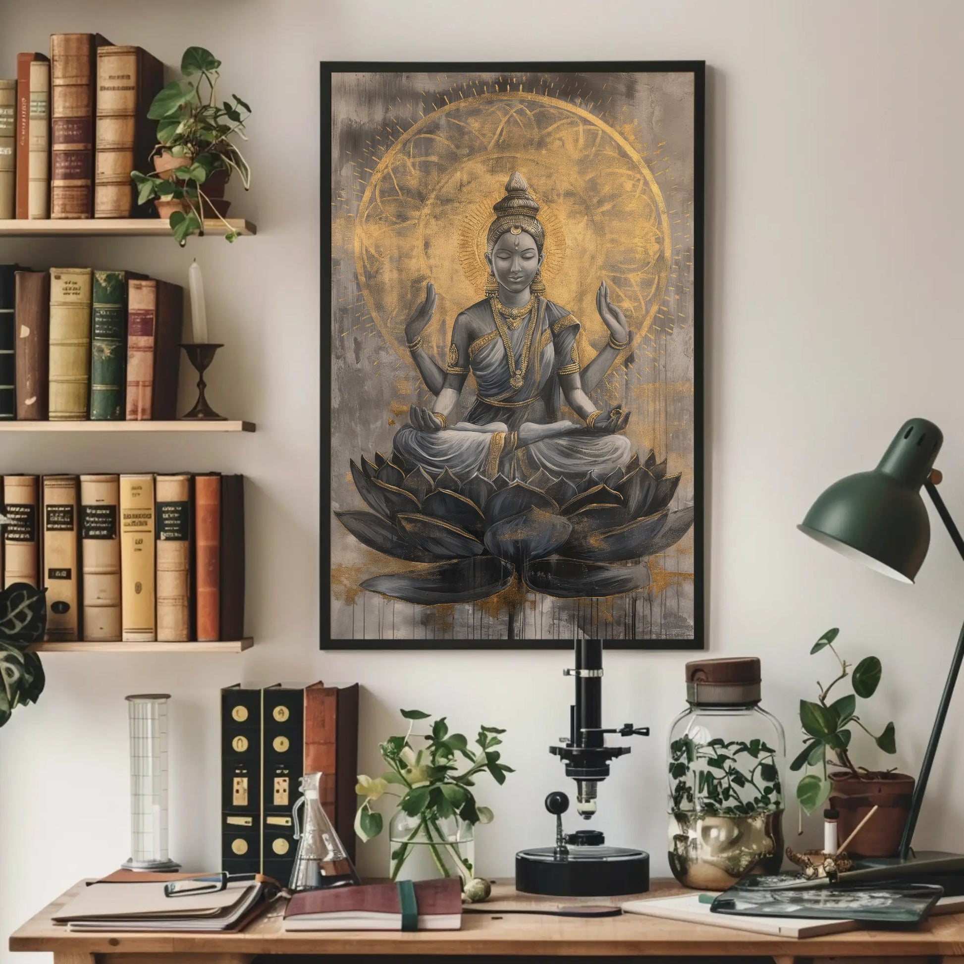 Lakshmi Gold , Hindu Prosperity canvas wall art shown above a desk