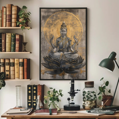 Lakshmi Gold , Hindu Prosperity canvas wall art shown above a desk