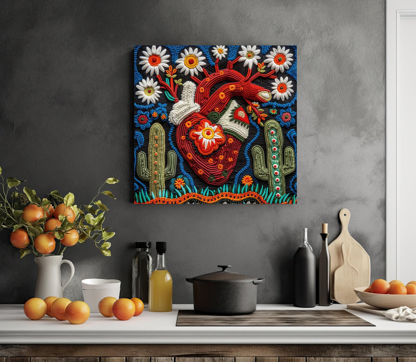 a painting of a heart surrounded by cactus and flowers