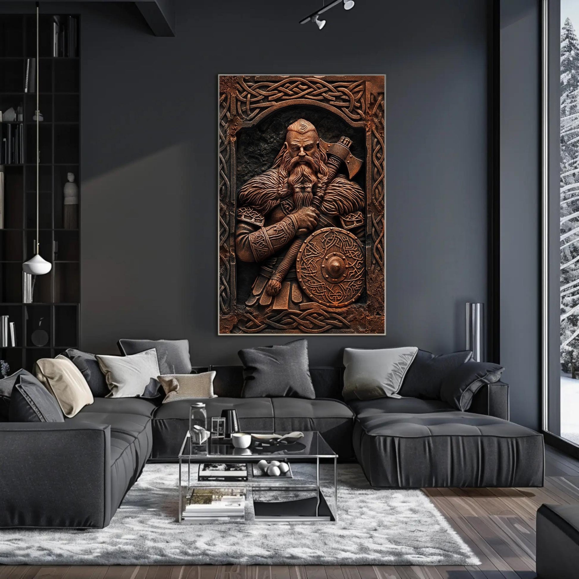 Viking Warrior canvas wall art shown in a living room