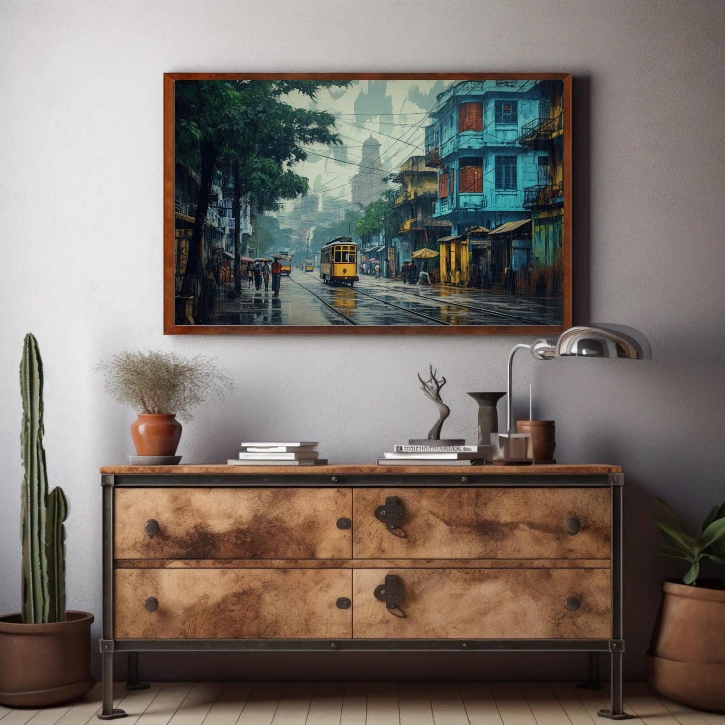 Kolkata , Vibrant Bengali City Street canvas wall art shown in a styled room (view 2)