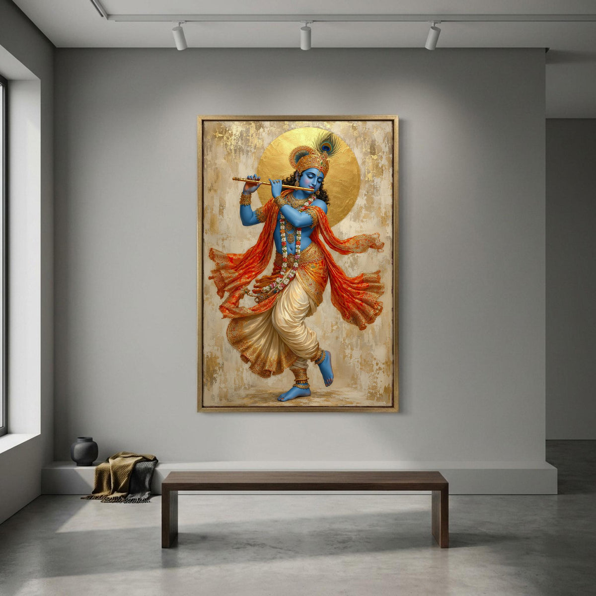 a large painting of a Hindu deity, specifically Krishna, who is depicted playing a flute. The painting is hung on a wall in a room with a wooden bench in front of it.