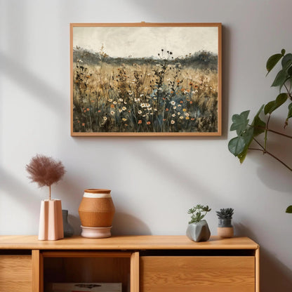 Wildflower Field , Moody Botanical Landscape Art canvas wall art shown above a cabinet