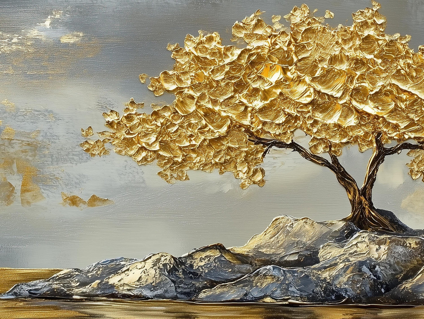 Gold Tree canvas wall art shown in a styled room