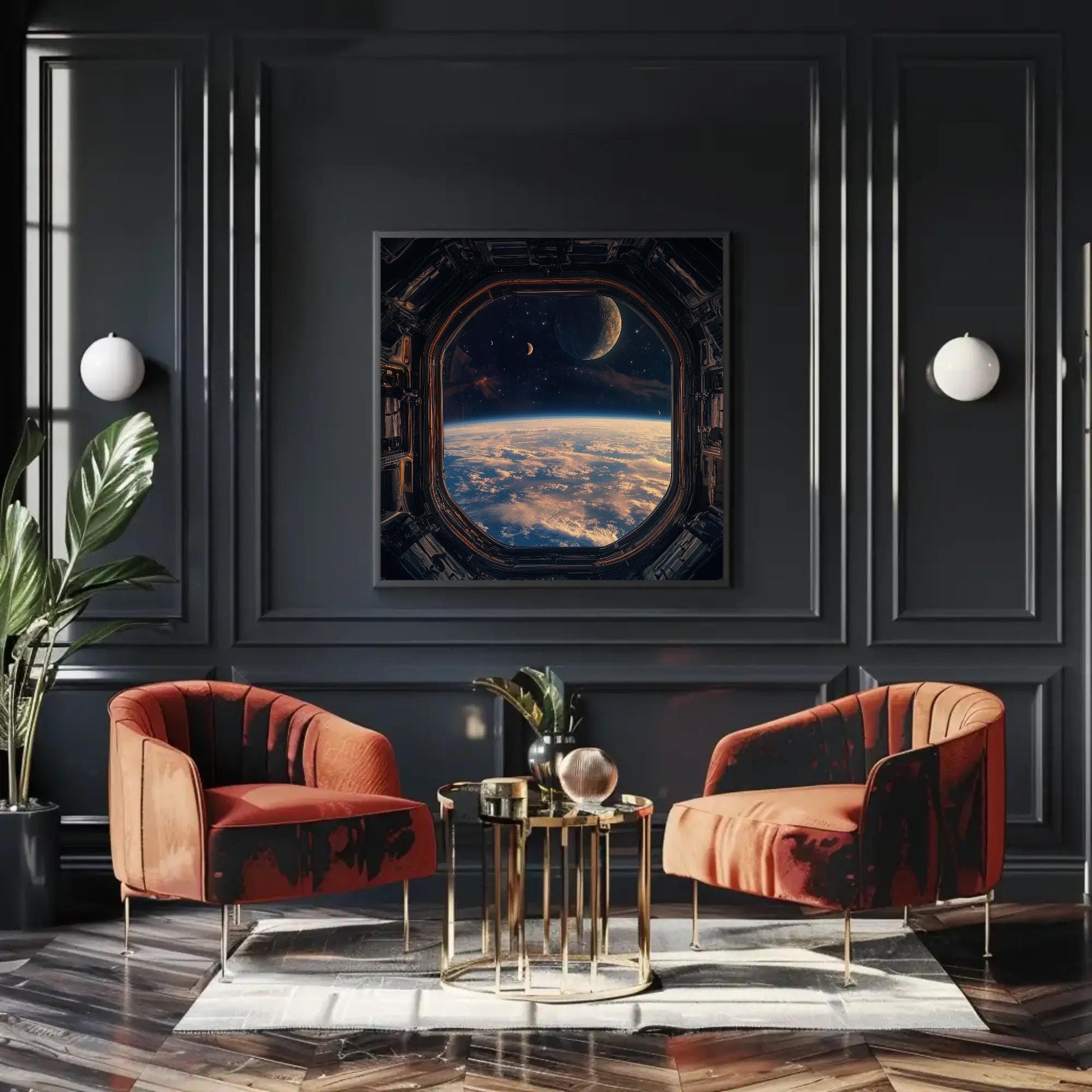 Space Station , Sci-Fi Window View canvas wall art shown in a living room (view 2)