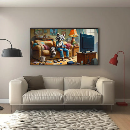 Gamer Raccoon canvas wall art shown in a living room