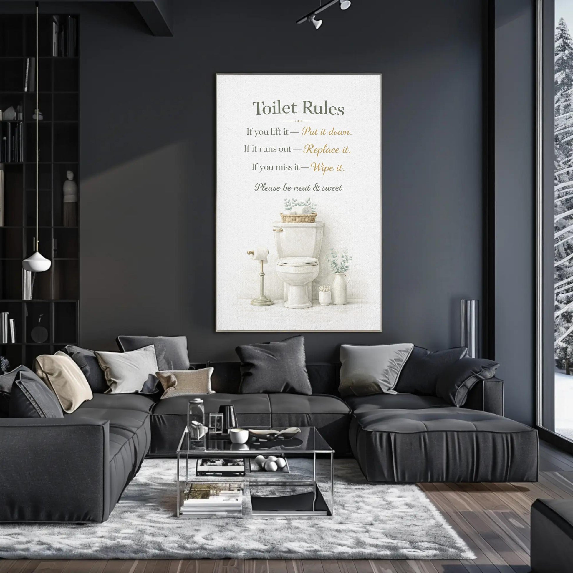 Toilet Rules canvas wall art shown in a living room (view 2)