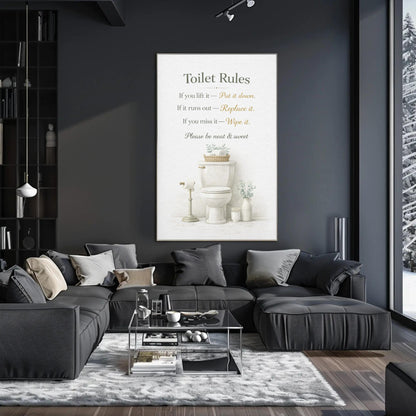 Toilet Rules canvas wall art shown in a living room (view 2)