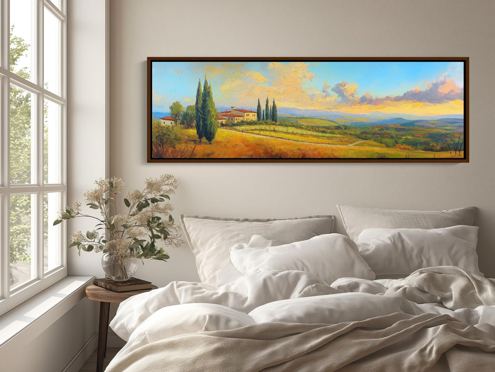Tuscany , Italian Countryside Vineyard canvas wall art shown in a bedroom