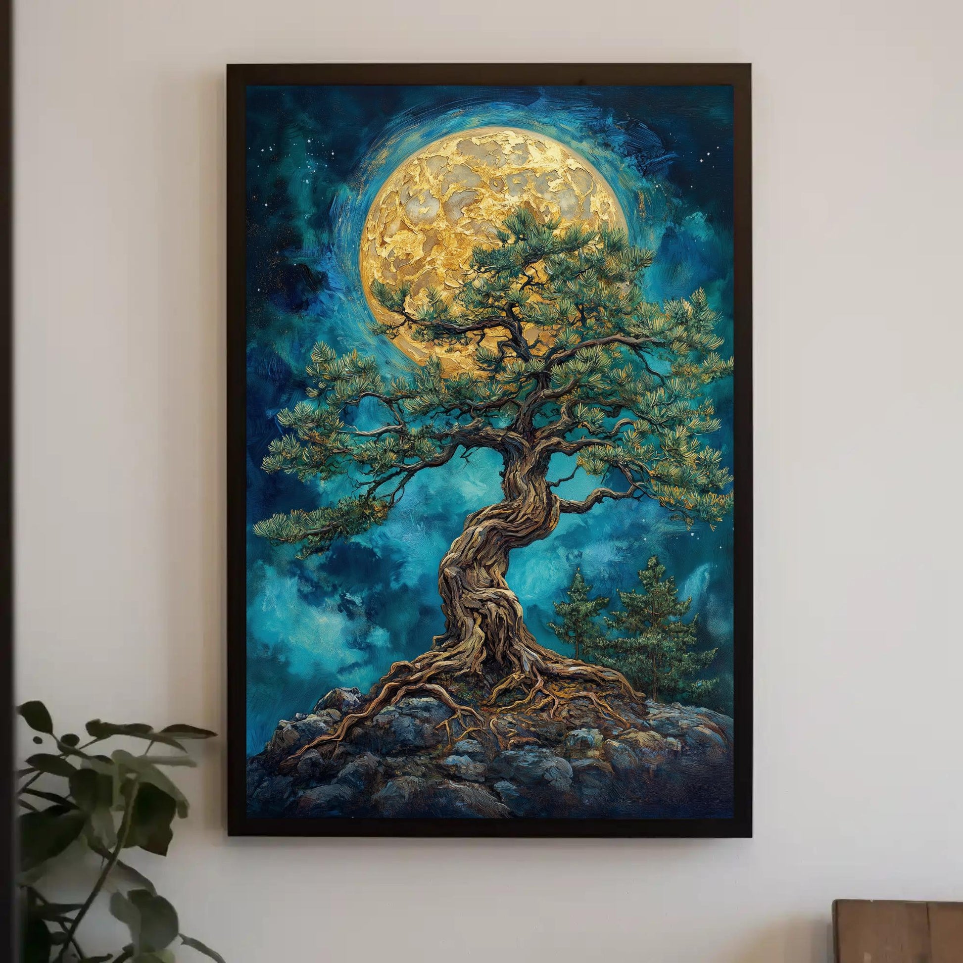 Mystic Pine Wall Art, Bonsai Tree Canvas With Golden Moon Painting, Zen Forest Decor