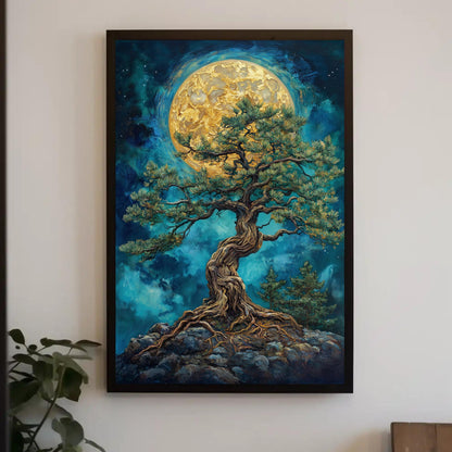Mystic Pine Wall Art, Bonsai Tree Canvas With Golden Moon Painting, Zen Forest Decor