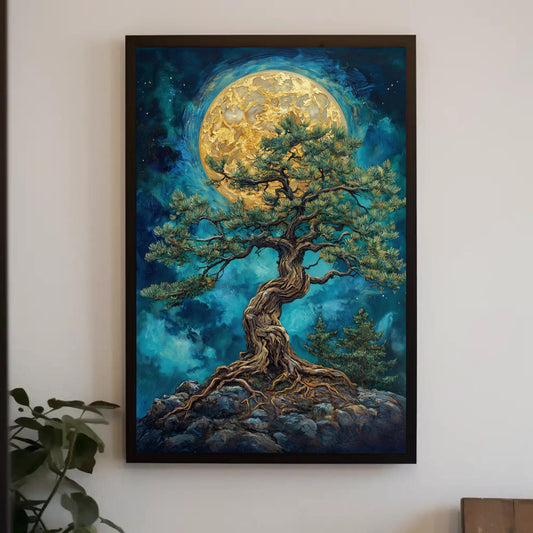 The image is a framed painting depicting a large, twisted tree with a gnarled trunk and lush green foliage, standing on a rocky outcropping against a backdrop of a full moon and a starry night sky.