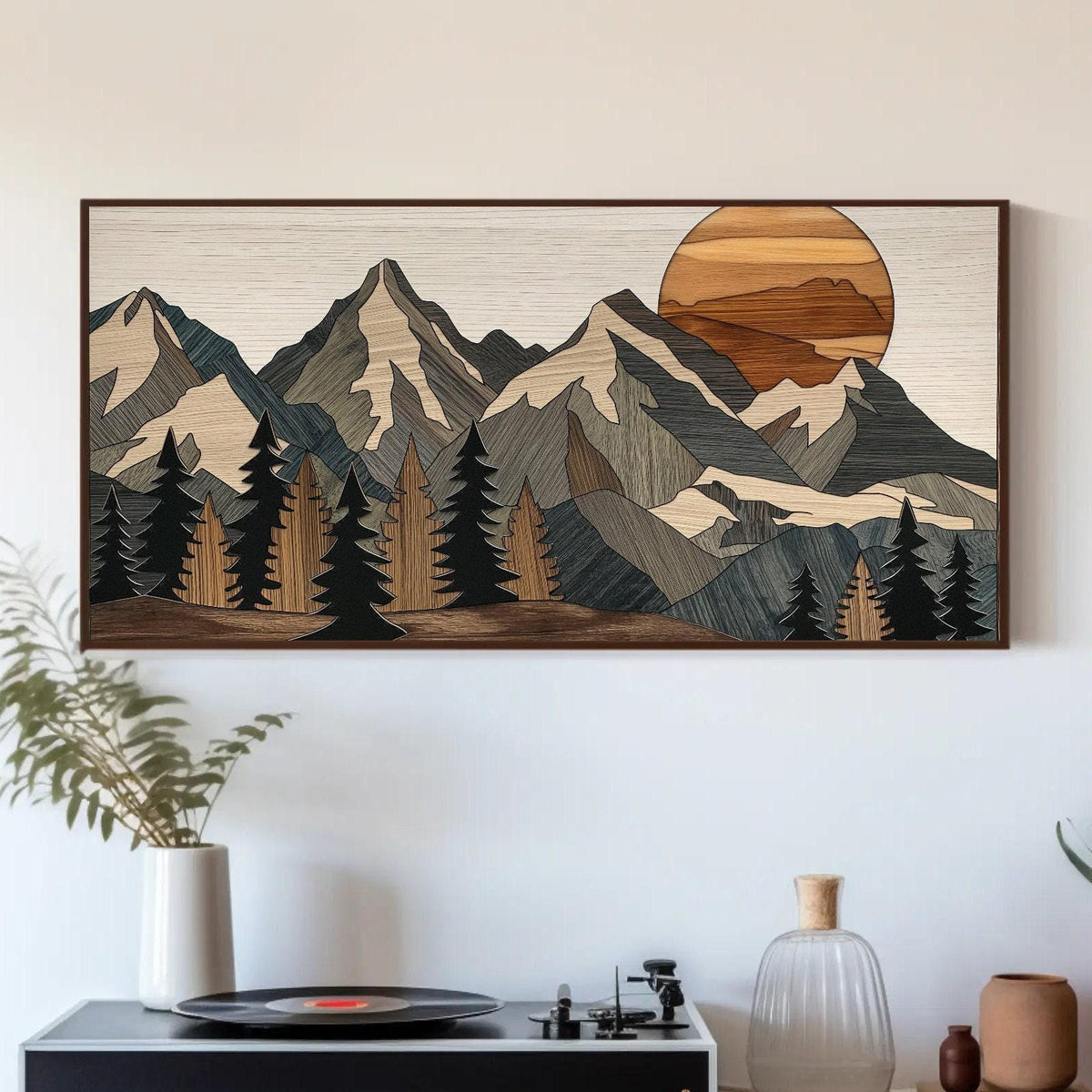 Wood effect mountain canvas wall art, wood-grain look peaks, pine trees and sun