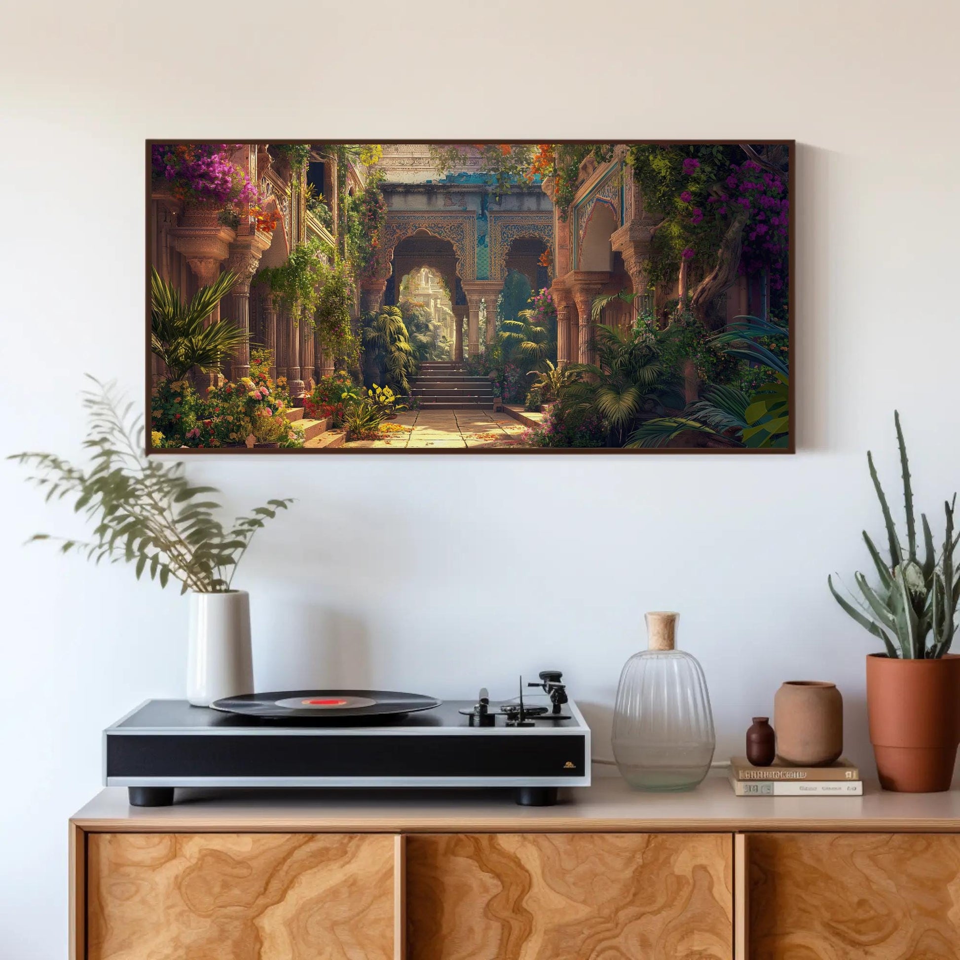 Indian Palace , Rajasthani Haveli canvas wall art shown above a cabinet