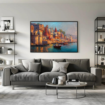 Varanasi Ghat canvas wall art shown in a living room