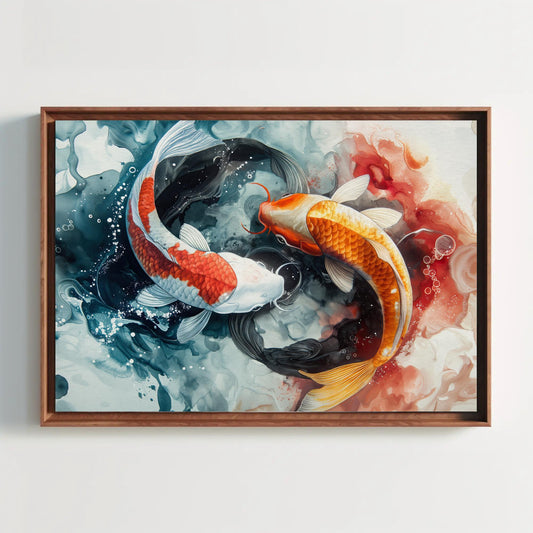 a painting of two koi fish swimming in a pond