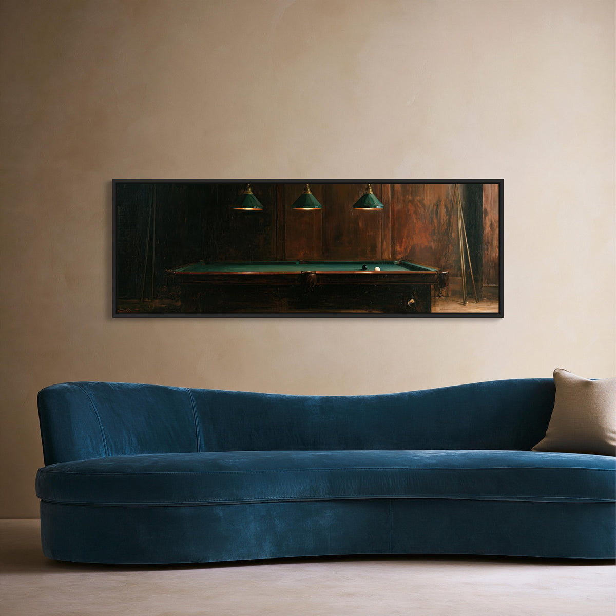 Billiard table panoramic canvas wall art, green baize pool table under three hanging lamps