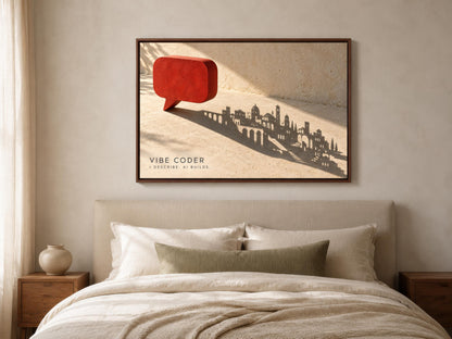 a bedroom with a bed, a nightstand, and a framed artwork depicting a red speech bubble with a cityscape silhouette.