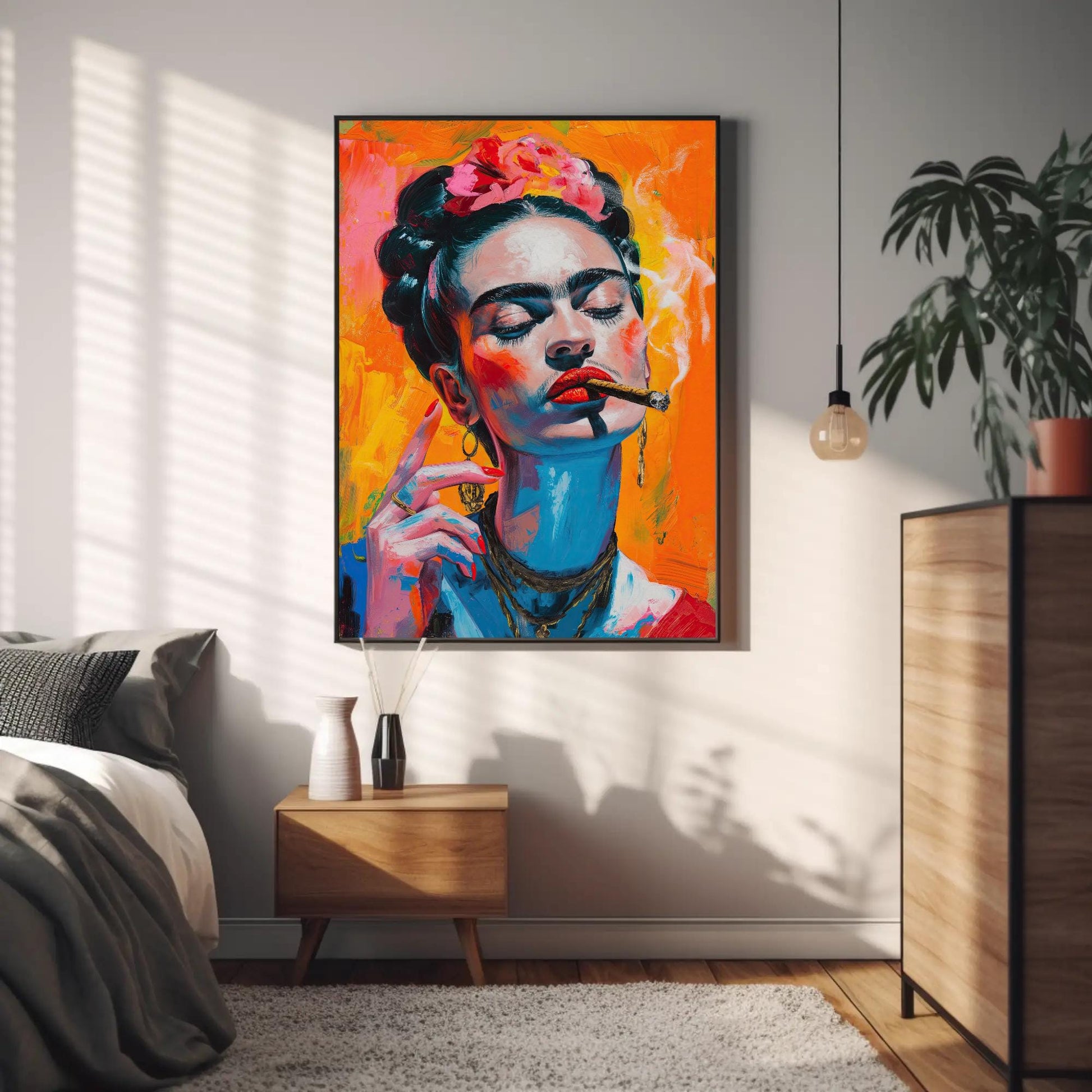 Frida Kahlo , Mexican Folk Art Wall canvas wall art shown in a styled room (view 4)