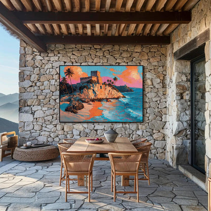 Tulum Ruins Oil Painting canvas wall art shown in a dining room