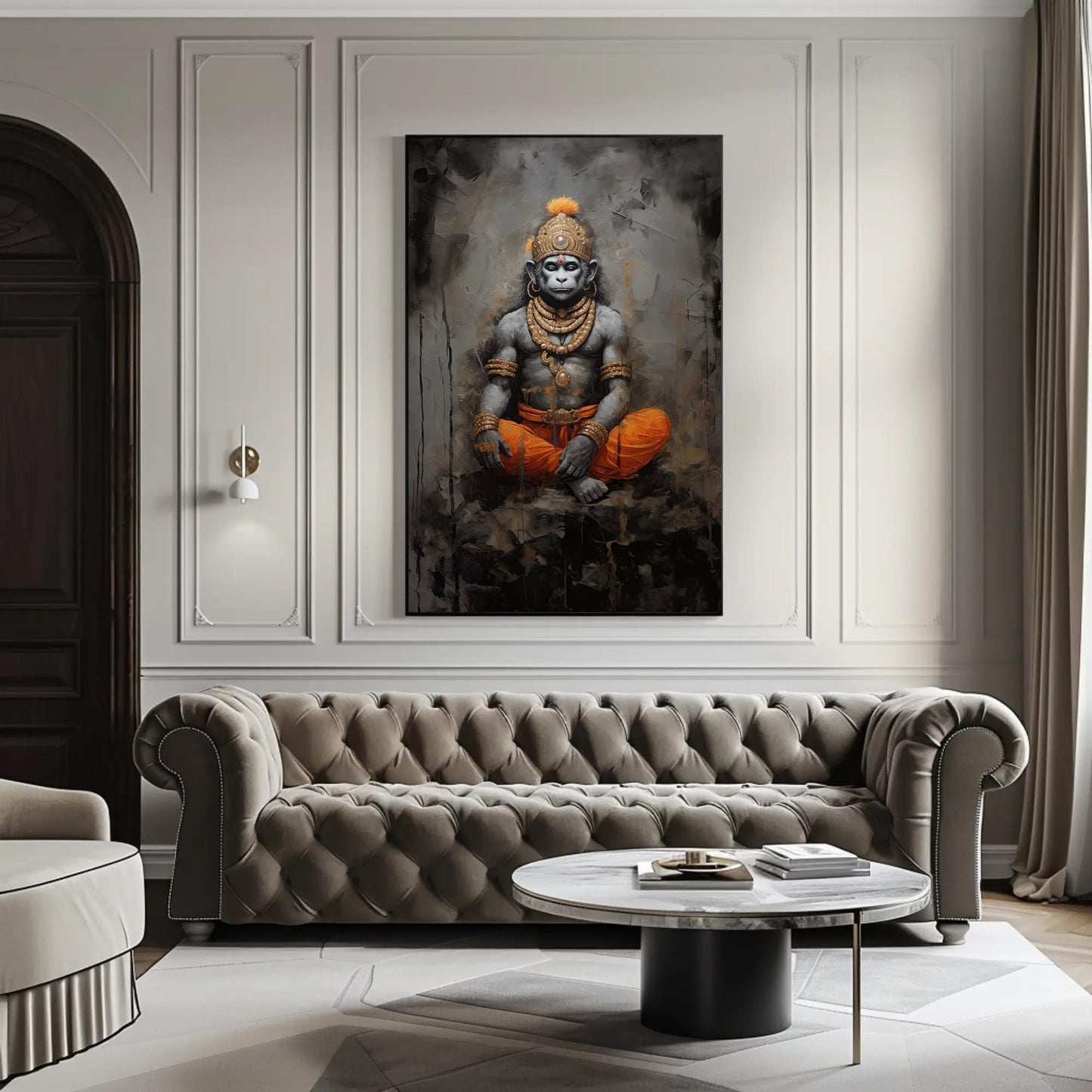 Lord Hanuman canvas wall art shown in a living room